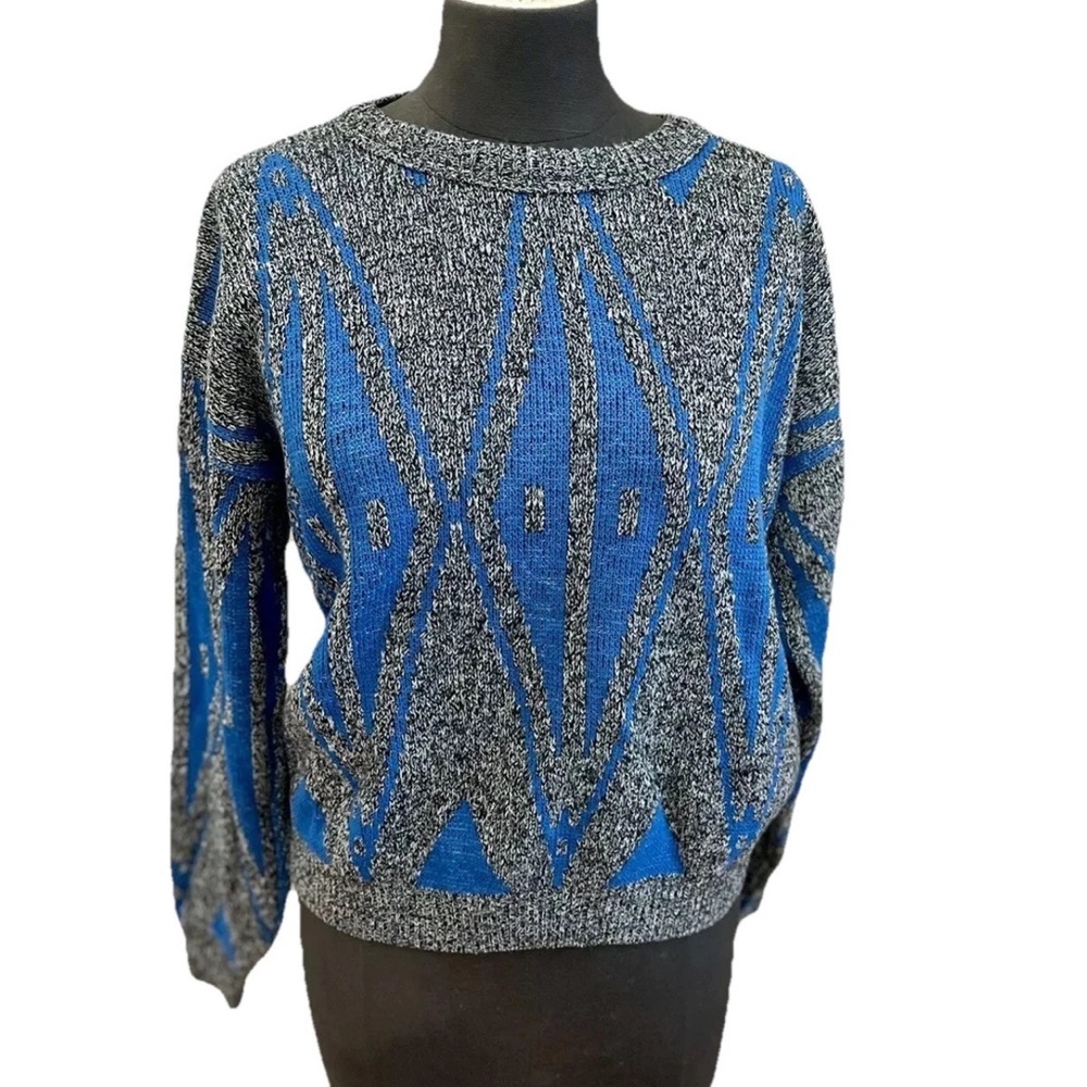 Cristin Steven’s Knit ladies sweater size LG blue grey geometric pattern 80s